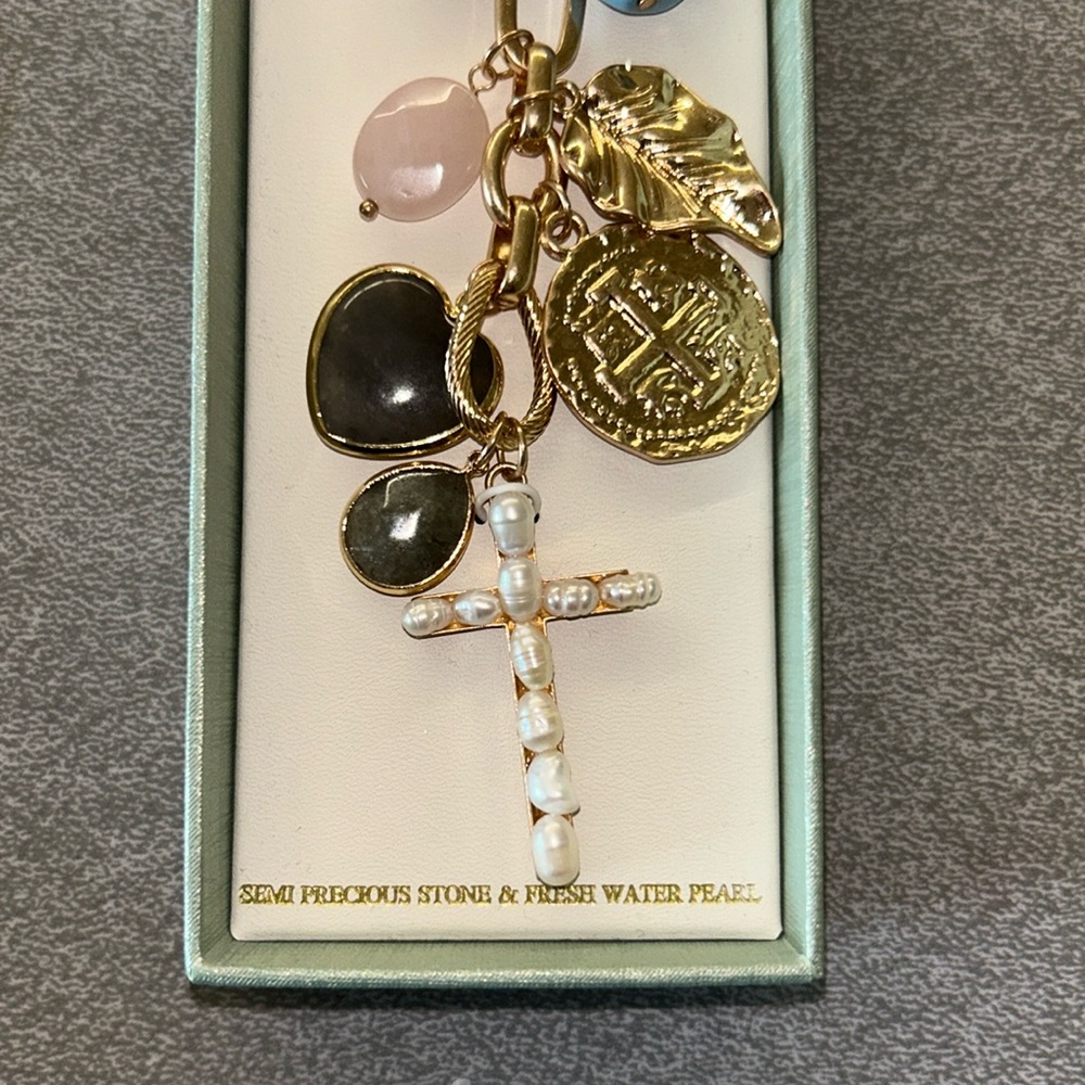 Atterri Bohemian Freshwater Pearl Abstract Religious Gold Bag Charm NEW $118 - Picture 6 of 8